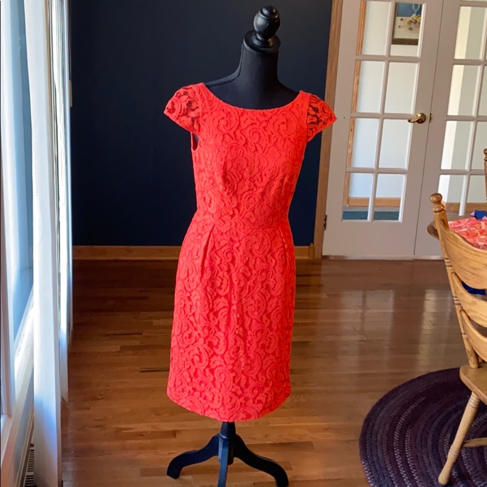 J Crew coral fitted sheath dress with lace overlay